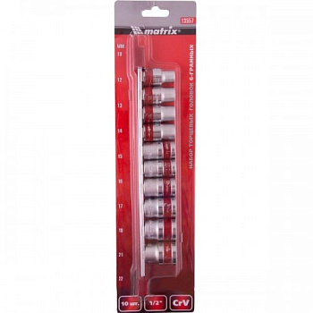 Набор торцевых головок 1/2, шестигранные, CrV, 10 шт, 10-22 мм/13557
