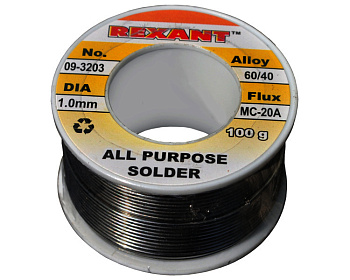 Припой с канифолью 100 г d=1.0 мм (Sn60 Pb40 Flux 2.2 %) REXANT/09-3203                  