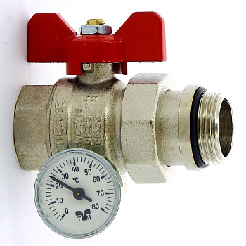 TIEMME Кран сгон НВ 1" с термометром для коллектора, бабочка красная