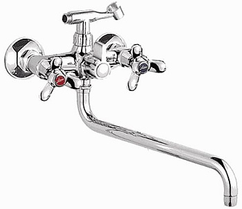 Смеситель ванная Ledem L2712 длинный излив дивертор в корпусе, цинк, керамическая кран-букса 