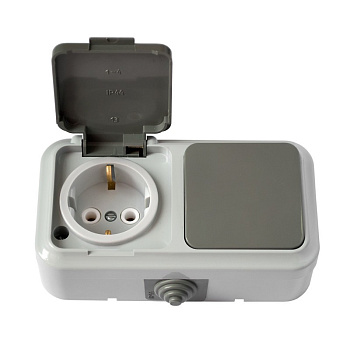 АКВА Блок серый  выключатель 1кл.+ розетка с/з наружная IP54/В-РЦ-657(03)