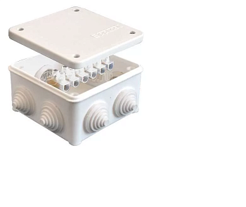 Коробка распаячная 85х85х45мм IP54 с клемм. 7 выходов 3 гермоввода 10А 6 контактов 