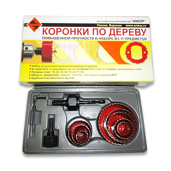 Набор коронок по дереву 11 предметов ф19-64мм (ЭНКОР)/19153/7298