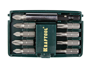Набор бит KRAFTOOL 25мм (PH,PZ,TORX) с адаптером,10шт /26130-Н10