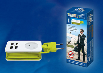 Удлинитель Travel  шнур 1,5м 1 гнездо  б/з 4USB(2,1A)  Белый с салатовым  Uniel