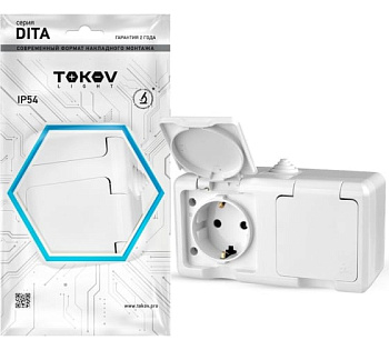 Розетка белая 2-я ОП Dita 16A IP54 c землей с крышкой Tokov/DORI 