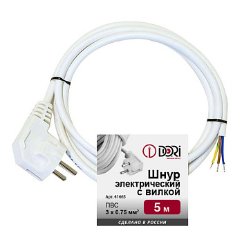 Шнур с вилкой 5м ПВС 3*0,75 БЕЛЫЙ / DORI