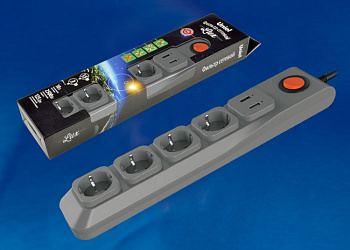  Cетевой фильтр Uniel 3м 4 гнезда  2 USB (Пвс 3*0,75)  с/з10А/серый