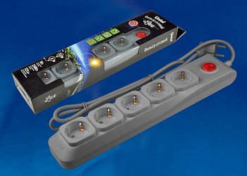  Cетевой фильтр Uniel 3м 5 гнезд  (Пвс 3*0,75)  с/з10А/серый***